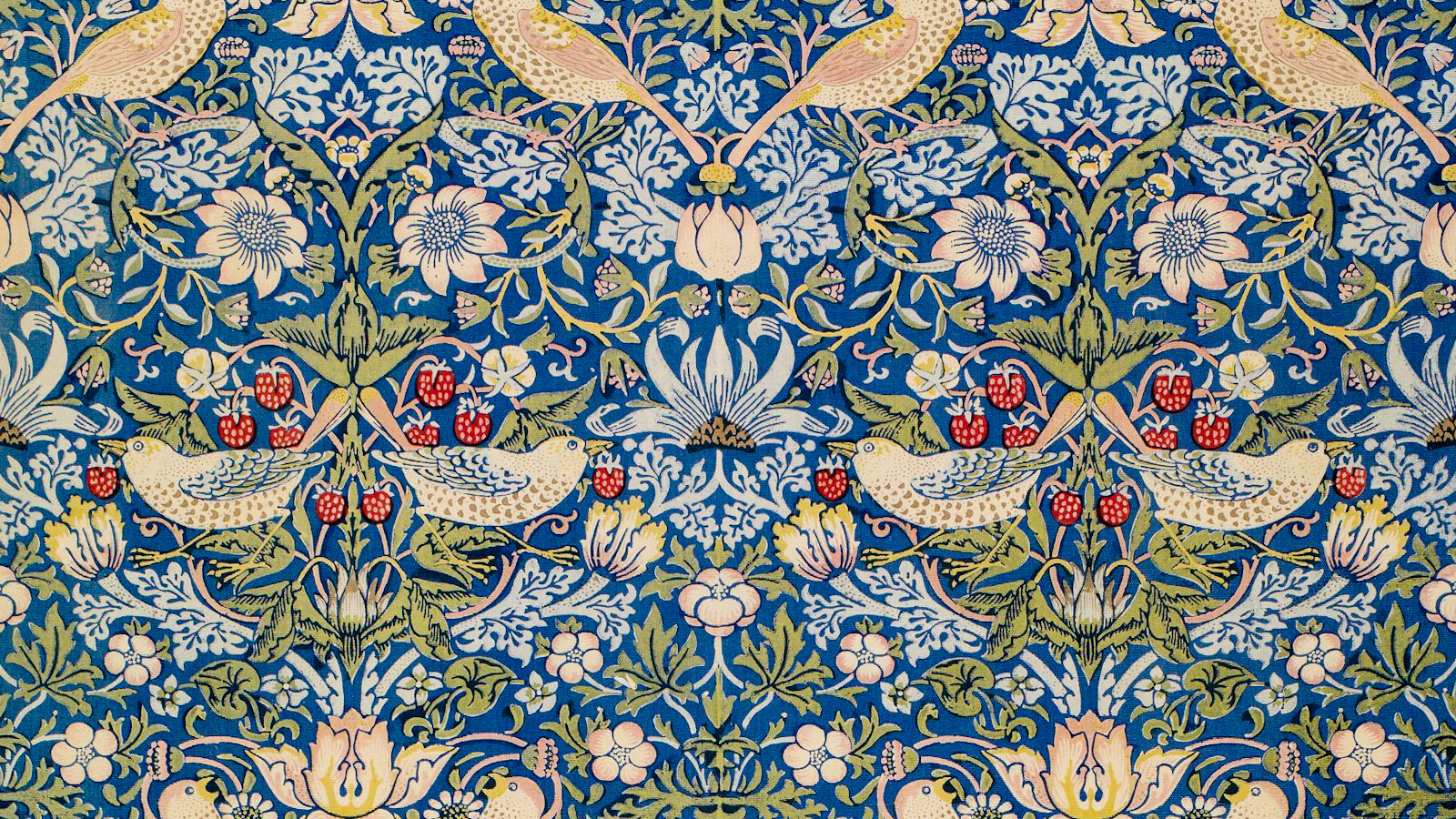 Blau-cremefarbener Jacquardstoff mit floralem Wiederholmuster.